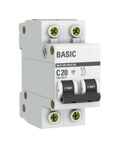 Автоматический выключатель 2P 20А (C) 4,5кА ВА 47-29 Basic (mcb4729-2-20C). Автоматический выключатель. EKF в Новом Уренгое