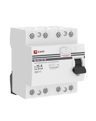 УЗО ВД-100 4P 25А 30мА тип AC эл-мех  PROxima (elcb-4-25-30-em-pro). Выключатель дифференциального тока (УЗО). EKF в Новом Уренгое