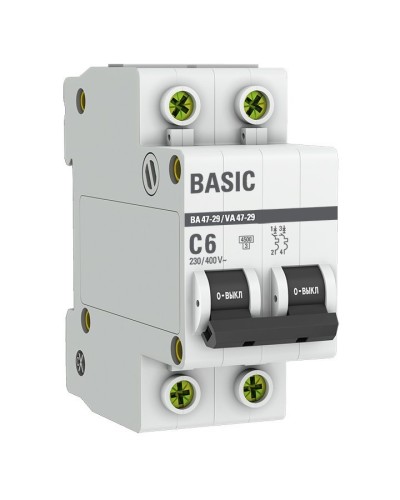 Автоматический выключатель 2P 6А (C) 4,5кА ВА 47-29 Basic (mcb4729-2-06C). Автоматический выключатель. EKF в Новом Уренгое