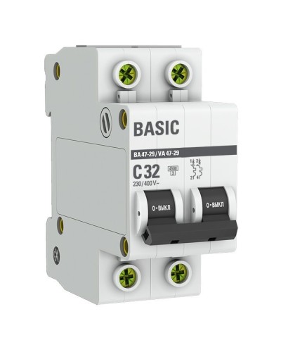 Автоматический выключатель 2P 32А (C) 4,5кА ВА 47-29 Basic (mcb4729-2-32C): Автоматический выключатель в Новом Уренгое