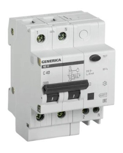 GENERICA АД12 2Р 40А 30мА (MAD15-2-040-C-030). Автоматический выключатель дифференциального тока. IEK в Новом Уренгое